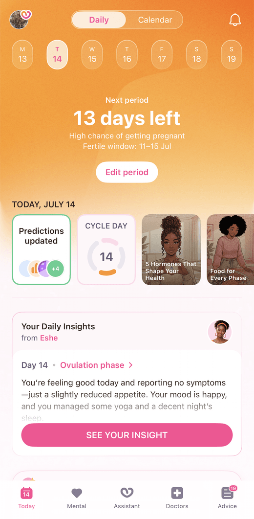 Wellness calendars screen in the Eshe app